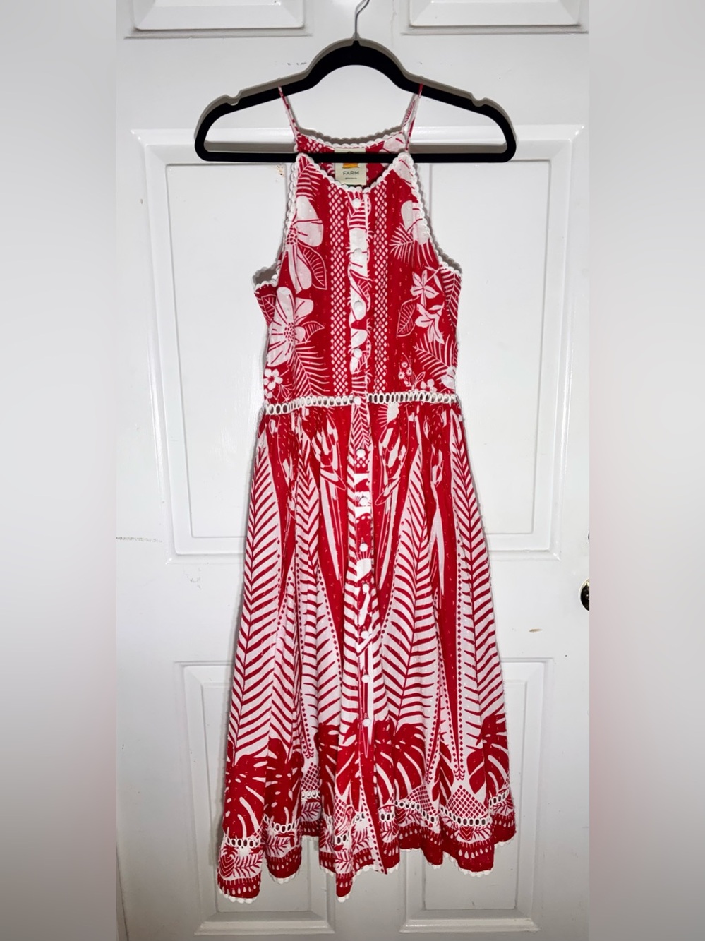 Farm Rio Red Tropical Print Halter Mixi Dress Size XS